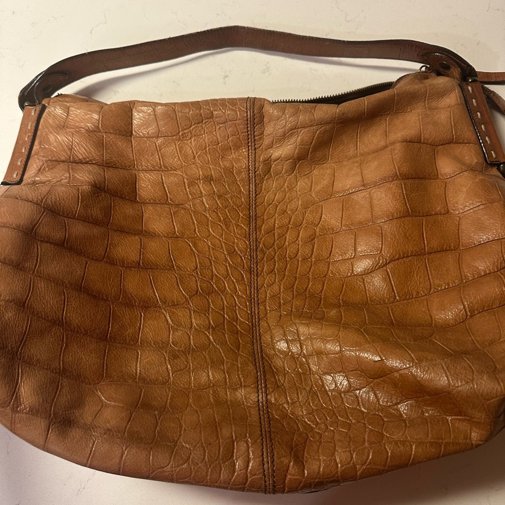 Abro Leather Croc-Embossed Tan Leather Shoulder Bag